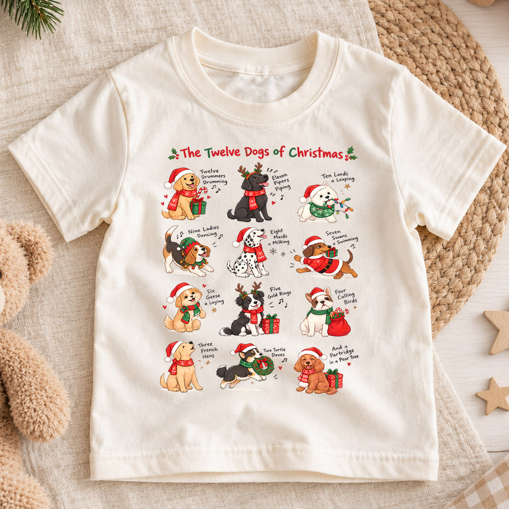 The Twelve Dogs of Christmas Shirt, Festive Holiday Songs Kids Tee, Winter Animal Top, Cute Dog Christmas Holiday Outfit, Gift For Kids — product view 1