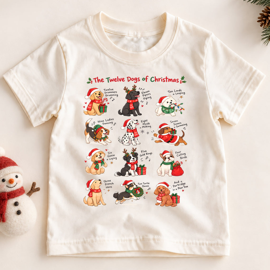 The Twelve Dogs of Christmas Shirt, Festive Holiday Songs Kids Tee, Winter Animal Top, Cute Dog Christmas Holiday Outfit, Gift For Kids — product view 2