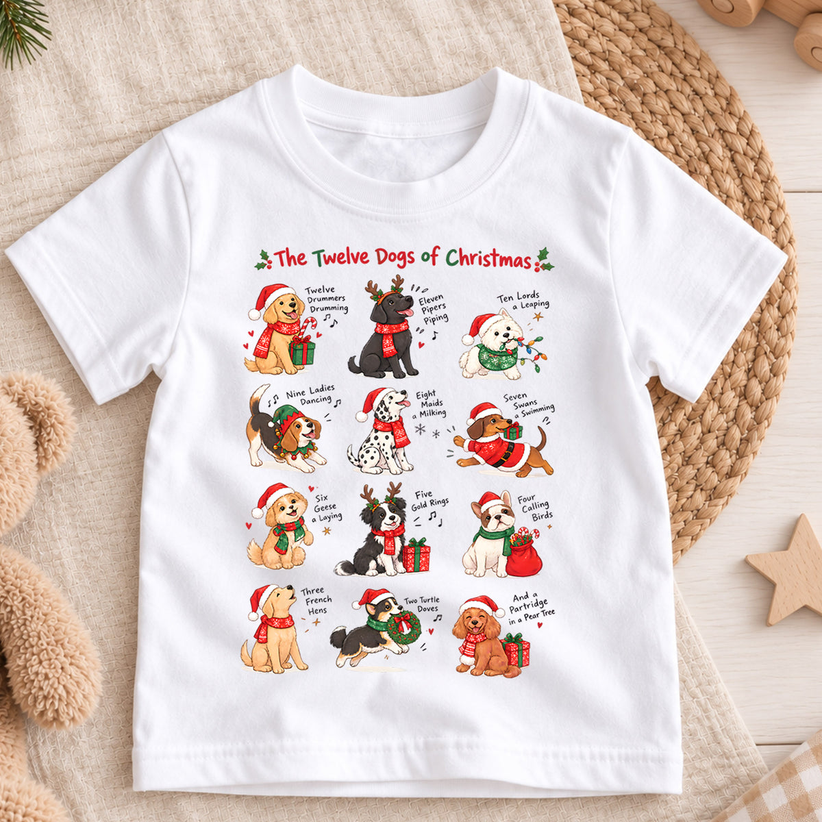 The Twelve Dogs of Christmas Shirt, Festive Holiday Songs Kids Tee, Winter Animal Top, Cute Dog Christmas Holiday Outfit, Gift For Kids — product view 3