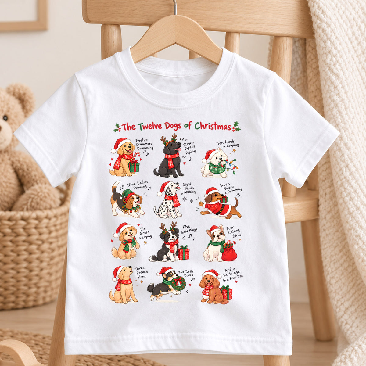 The Twelve Dogs of Christmas Shirt, Festive Holiday Songs Kids Tee, Winter Animal Top, Cute Dog Christmas Holiday Outfit, Gift For Kids — product view 4