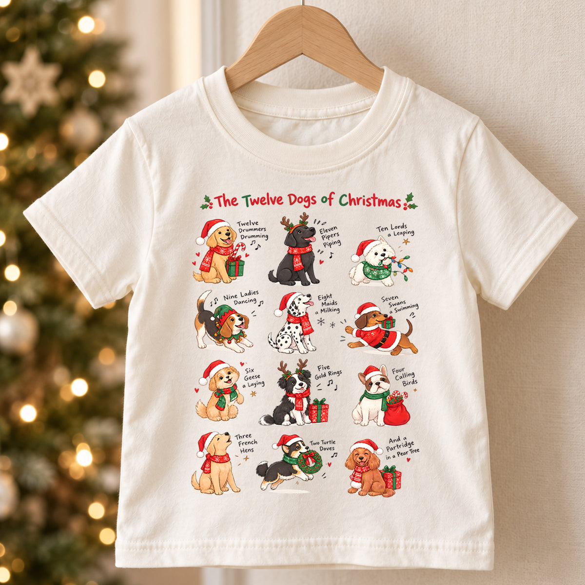 The Twelve Dogs of Christmas Shirt, Festive Holiday Songs Kids Tee, Winter Animal Top, Cute Dog Christmas Holiday Outfit, Gift For Kids — product view 5