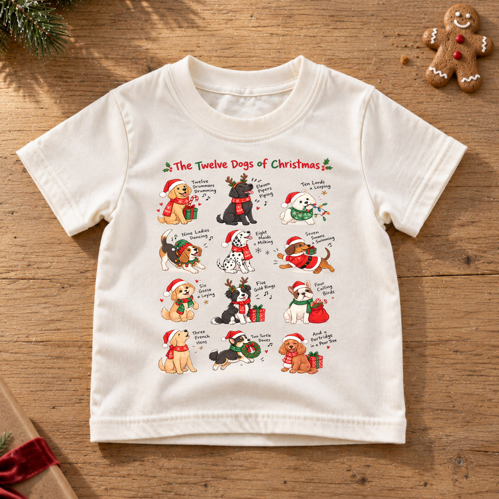 The Twelve Dogs of Christmas Shirt, Festive Holiday Songs Kids Tee, Winter Animal Top, Cute Dog Christmas Holiday Outfit, Gift For Kids — product view 6