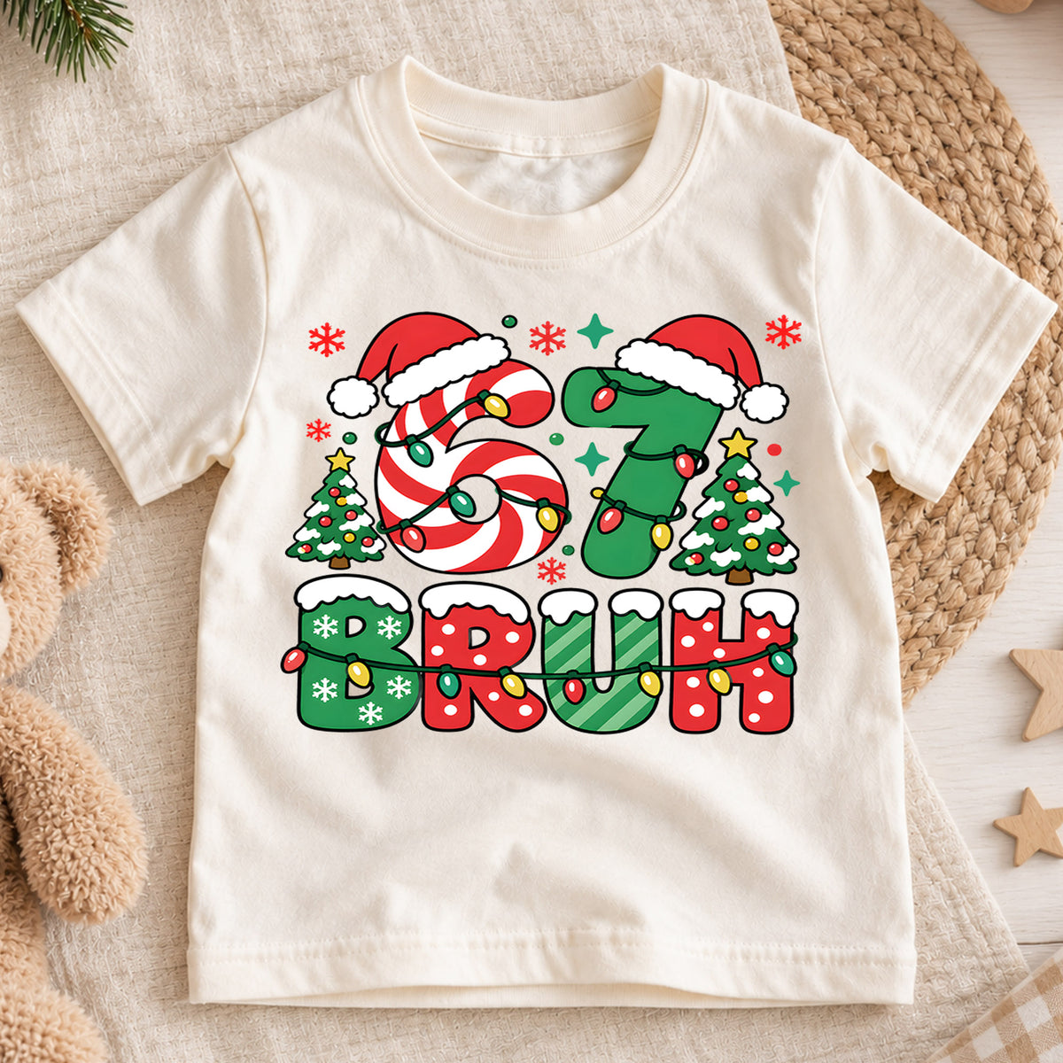 Funny 6 7 Christmas Bruh Shirt, Holiday Candy Cane Tree Kids Tee, Festive Winter Top, Funny Christmas Kids Outfit, Gift For Boys and Girls — product view 1
