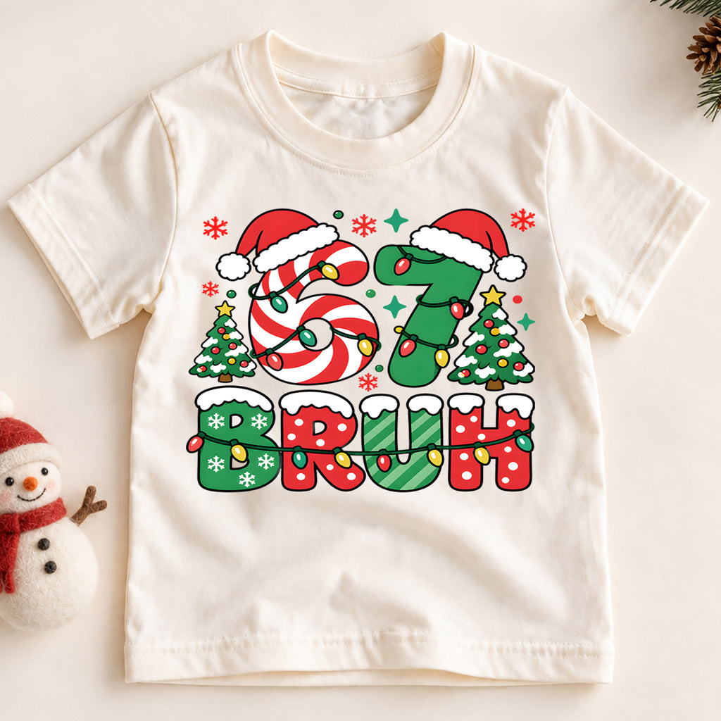 Funny 6 7 Christmas Bruh Shirt, Holiday Candy Cane Tree Kids Tee, Festive Winter Top, Funny Christmas Kids Outfit, Gift For Boys and Girls — product view 2