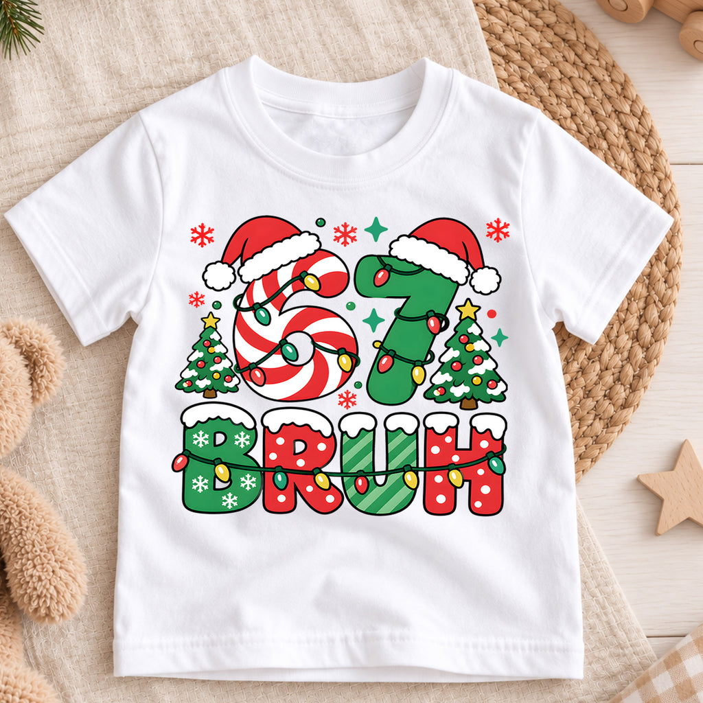 Funny 6 7 Christmas Bruh Shirt, Holiday Candy Cane Tree Kids Tee, Festive Winter Top, Funny Christmas Kids Outfit, Gift For Boys and Girls — product view 3