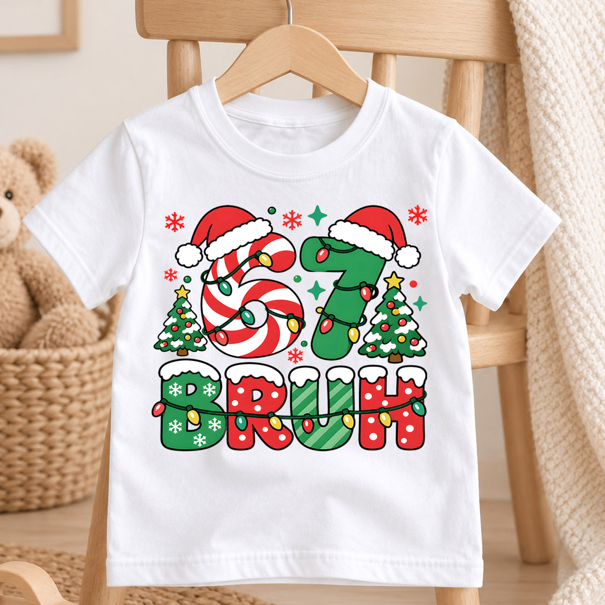 Funny 6 7 Christmas Bruh Shirt, Holiday Candy Cane Tree Kids Tee, Festive Winter Top, Funny Christmas Kids Outfit, Gift For Boys and Girls — product view 4