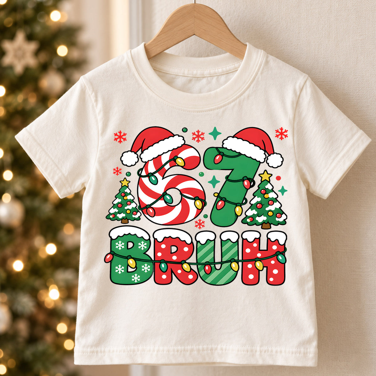 Funny 6 7 Christmas Bruh Shirt, Holiday Candy Cane Tree Kids Tee, Festive Winter Top, Funny Christmas Kids Outfit, Gift For Boys and Girls — product view 5