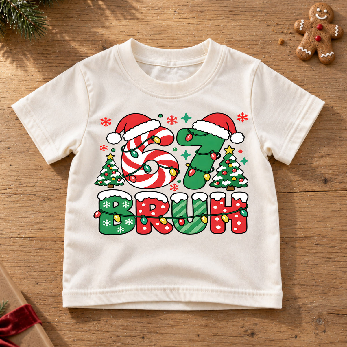 Funny 6 7 Christmas Bruh Shirt, Holiday Candy Cane Tree Kids Tee, Festive Winter Top, Funny Christmas Kids Outfit, Gift For Boys and Girls — product view 6