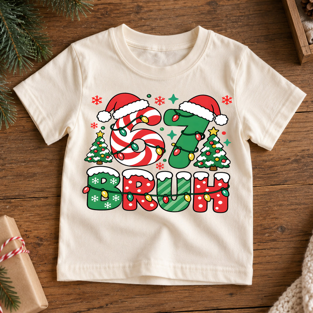 Funny 6 7 Christmas Bruh Shirt, Holiday Candy Cane Tree Kids Tee, Festive Winter Top, Funny Christmas Kids Outfit, Gift For Boys and Girls — product view 7
