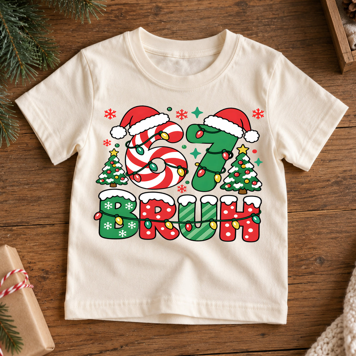 Funny 6 7 Christmas Bruh Shirt, Holiday Candy Cane Tree Kids Tee, Festive Winter Top, Funny Christmas Kids Outfit, Gift For Boys and Girls — product view 7