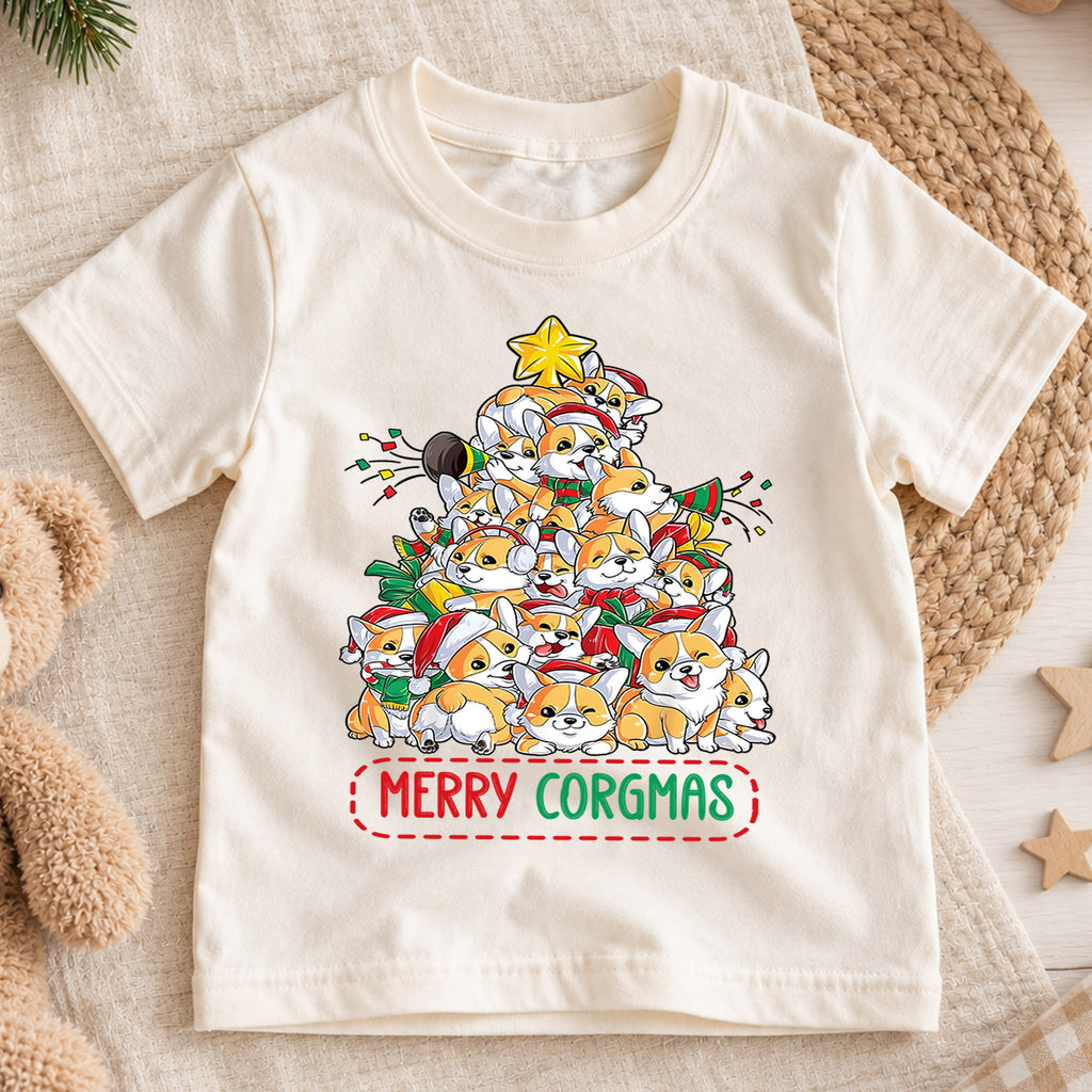 Merry Corgmas Christmas Shirt, Cute Corgi Tree Holiday Tee, Festive Winter Dogs Kids Top, Cute Corgi Christmas Outfit, Gift For Kids — product view 1