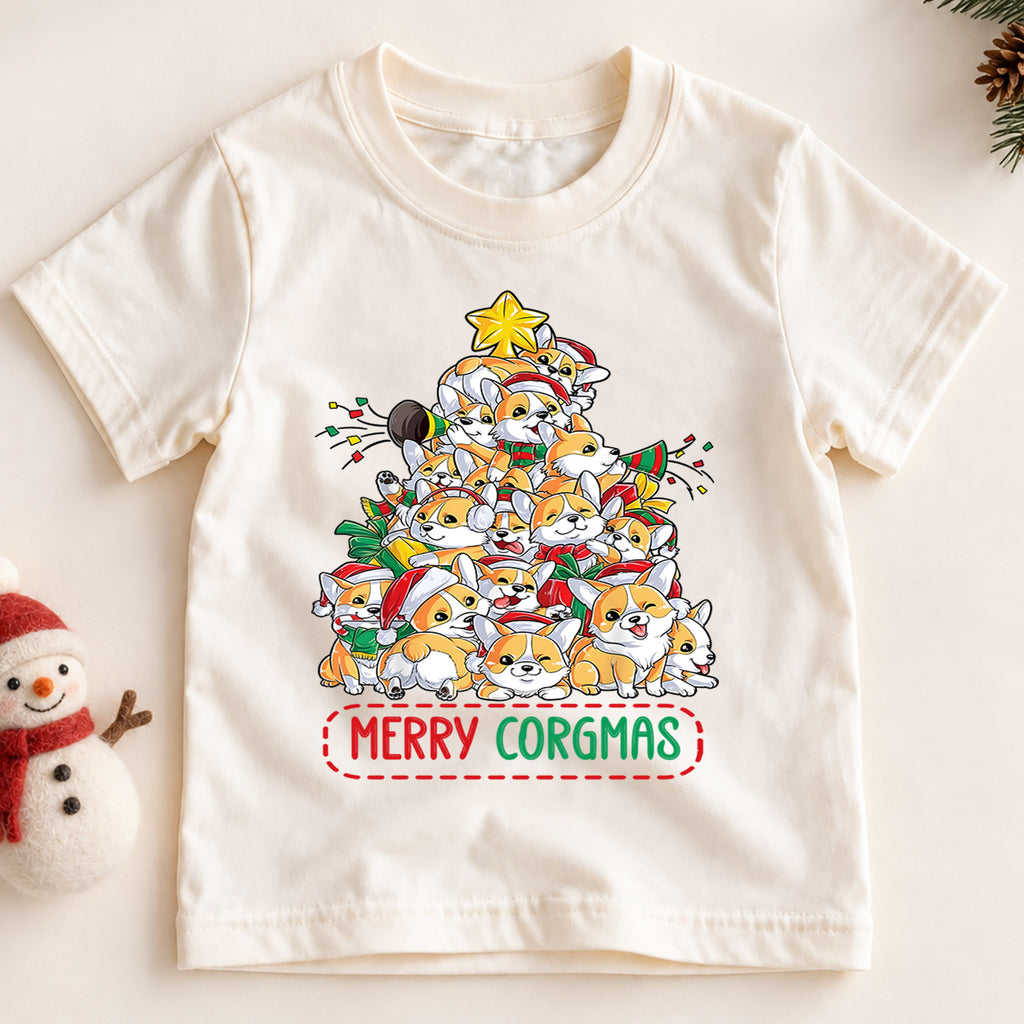 Merry Corgmas Christmas Shirt, Cute Corgi Tree Holiday Tee, Festive Winter Dogs Kids Top, Cute Corgi Christmas Outfit, Gift For Kids — product view 2