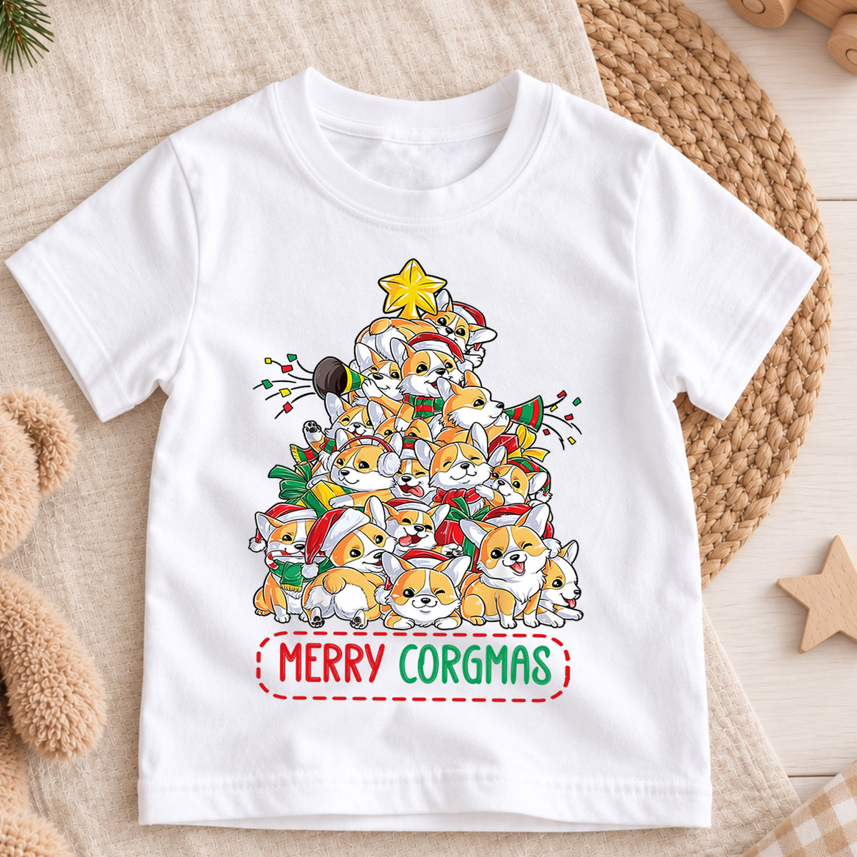 Merry Corgmas Christmas Shirt, Cute Corgi Tree Holiday Tee, Festive Winter Dogs Kids Top, Cute Corgi Christmas Outfit, Gift For Kids — product view 3