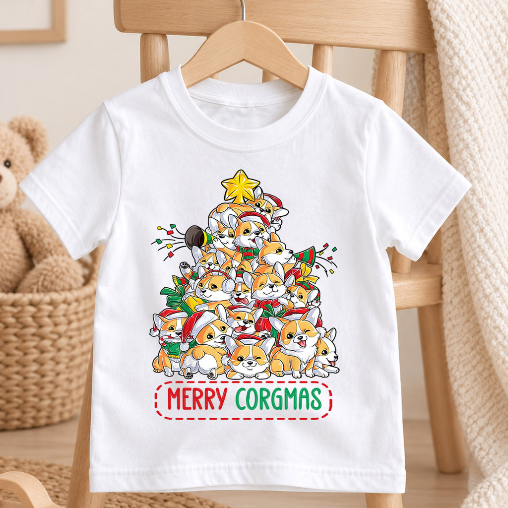 Merry Corgmas Christmas Shirt, Cute Corgi Tree Holiday Tee, Festive Winter Dogs Kids Top, Cute Corgi Christmas Outfit, Gift For Kids — product view 4