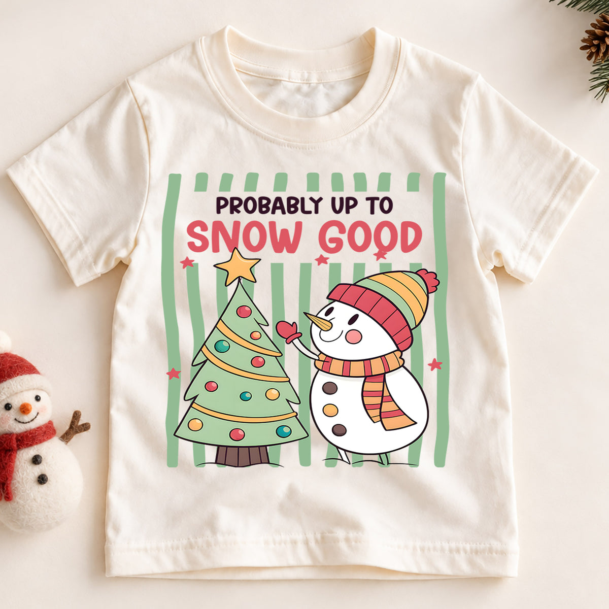 Probably Up to Snow Good Christmas Shirt, Cute Snowman Holiday Kids Tee, Funny Festive Winter Holiday Outfit, Christmas Gift for Kids — product view 2