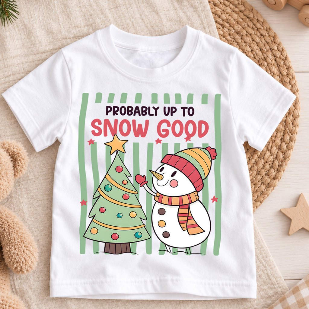 Probably Up to Snow Good Christmas Shirt, Cute Snowman Holiday Kids Tee, Funny Festive Winter Holiday Outfit, Christmas Gift for Kids — product view 3