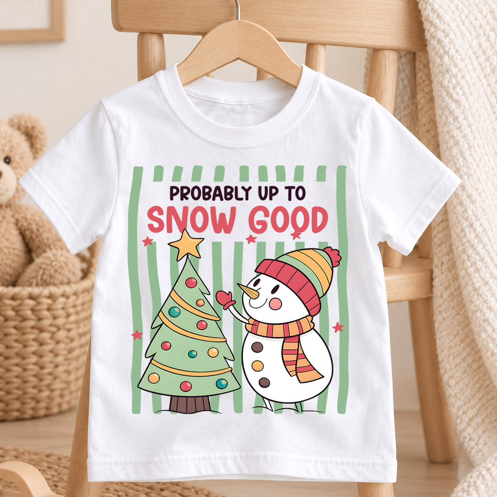 Probably Up to Snow Good Christmas Shirt, Cute Snowman Holiday Kids Tee, Funny Festive Winter Holiday Outfit, Christmas Gift for Kids — product view 4
