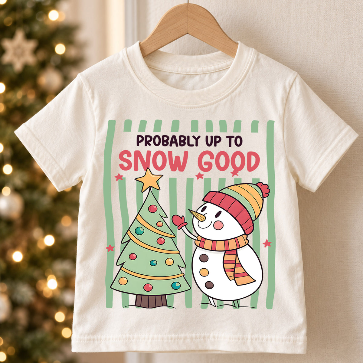 Probably Up to Snow Good Christmas Shirt, Cute Snowman Holiday Kids Tee, Funny Festive Winter Holiday Outfit, Christmas Gift for Kids — product view 5