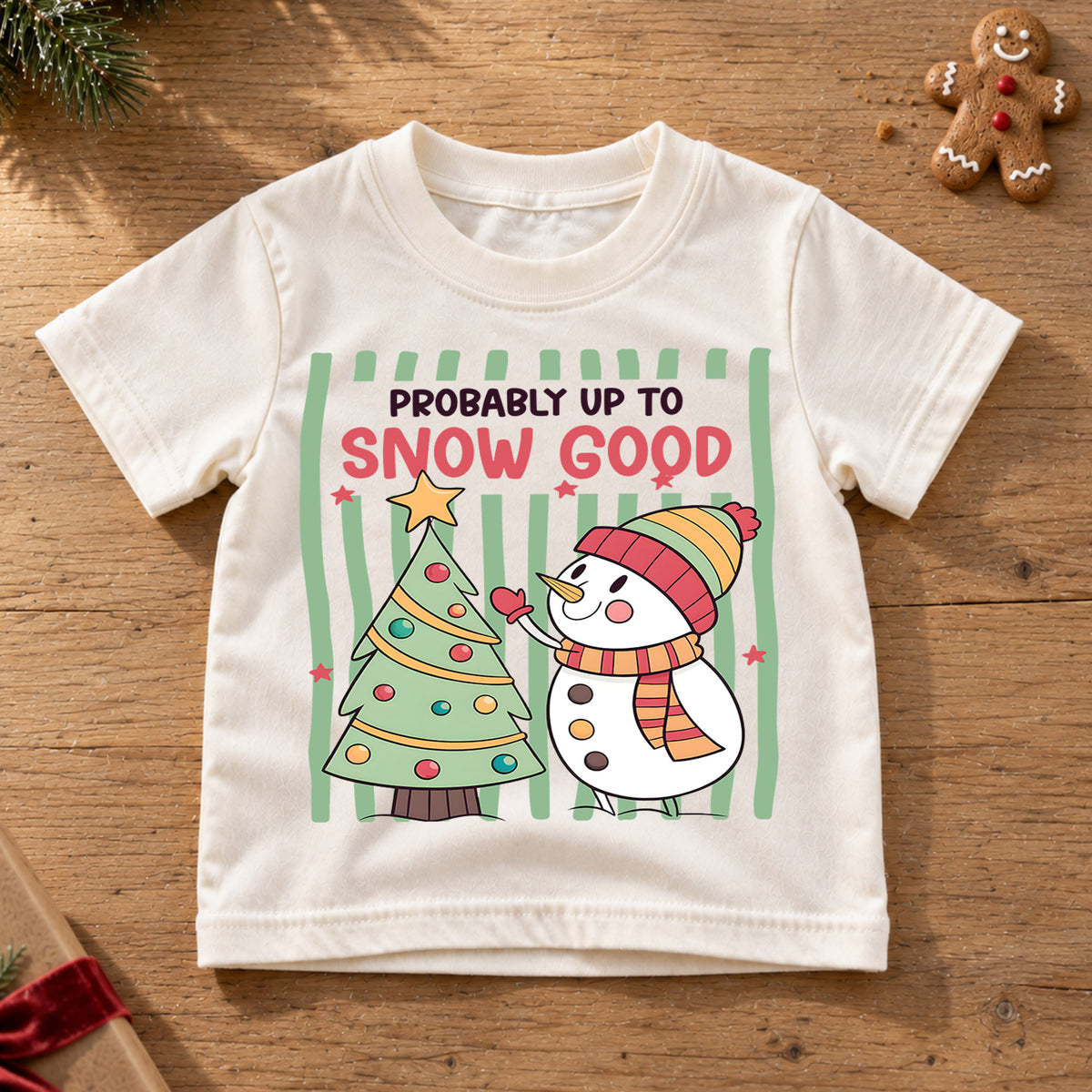 Probably Up to Snow Good Christmas Shirt, Cute Snowman Holiday Kids Tee, Funny Festive Winter Holiday Outfit, Christmas Gift for Kids — product view 6