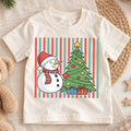 Cute Snowman and Christmas Tree Shirt, Striped Holiday Kids Tee, Festive Winter Holiday Graphic Top, Cozy Christmas Gift for Children — product view 1