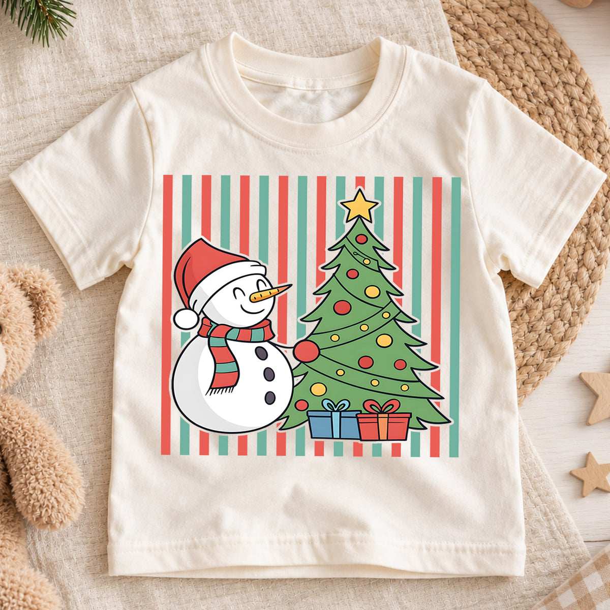 Cute Snowman and Christmas Tree Shirt, Striped Holiday Kids Tee, Festive Winter Holiday Graphic Top, Cozy Christmas Gift for Children — product view 1