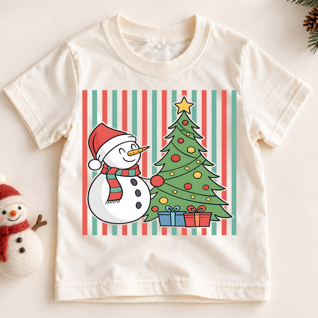 Cute Snowman and Christmas Tree Shirt, Striped Holiday Kids Tee, Festive Winter Holiday Graphic Top, Cozy Christmas Gift for Children — product view 2