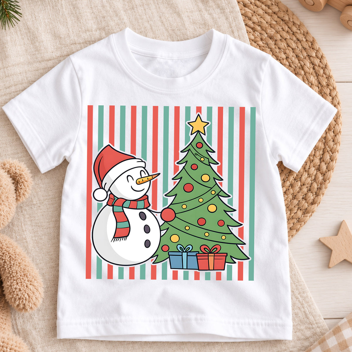 Cute Snowman and Christmas Tree Shirt, Striped Holiday Kids Tee, Festive Winter Holiday Graphic Top, Cozy Christmas Gift for Children — product view 3