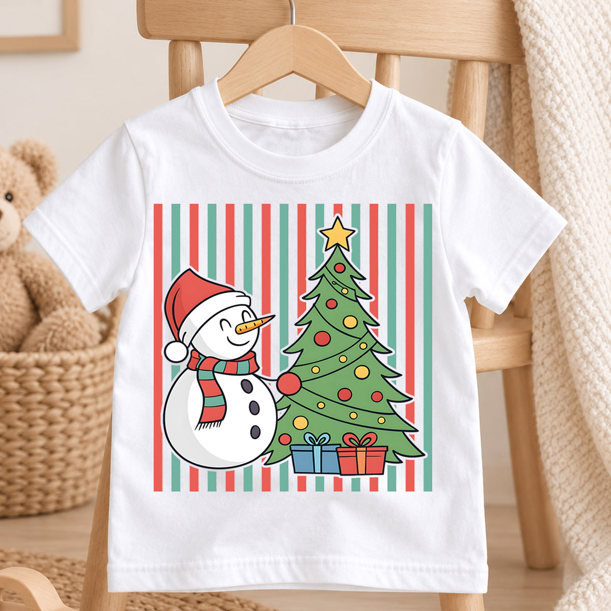 Cute Snowman and Christmas Tree Shirt, Striped Holiday Kids Tee, Festive Winter Holiday Graphic Top, Cozy Christmas Gift for Children — product view 4