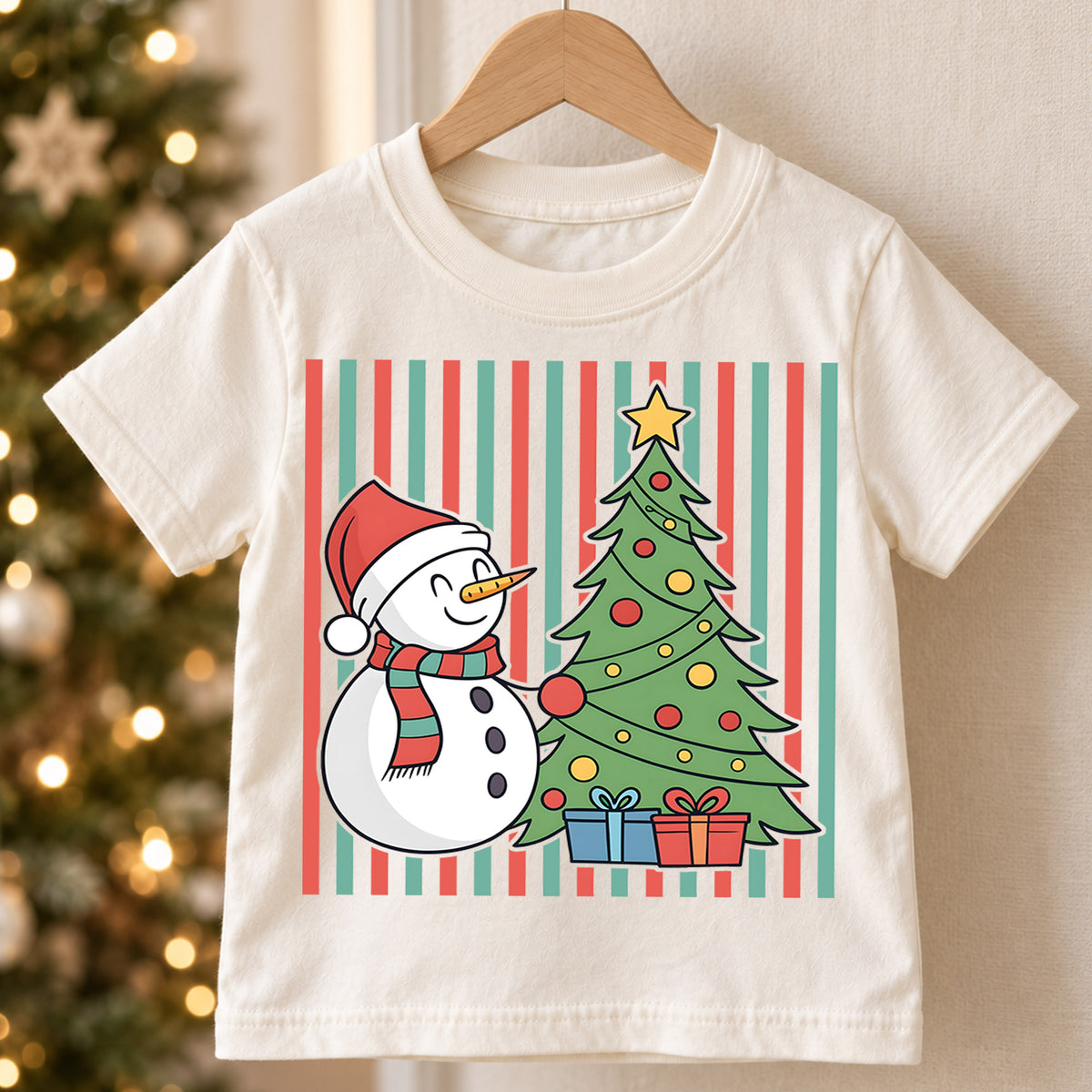Cute Snowman and Christmas Tree Shirt, Striped Holiday Kids Tee, Festive Winter Holiday Graphic Top, Cozy Christmas Gift for Children — product view 5