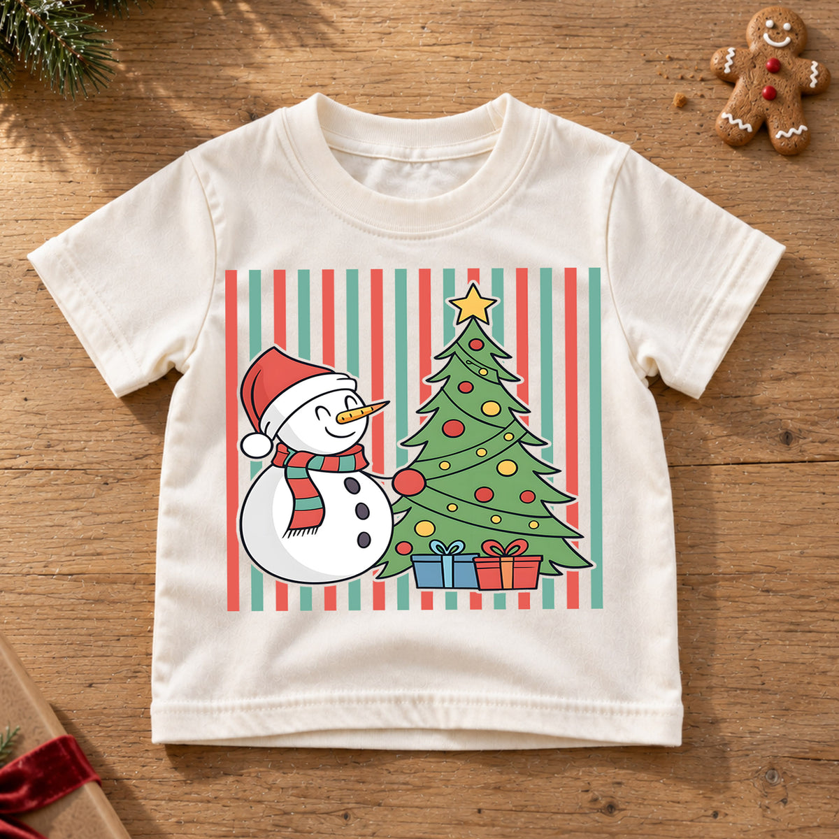 Cute Snowman and Christmas Tree Shirt, Striped Holiday Kids Tee, Festive Winter Holiday Graphic Top, Cozy Christmas Gift for Children — product view 6