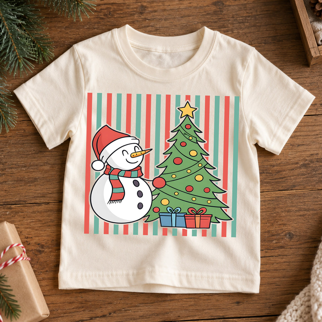 Cute Snowman and Christmas Tree Shirt, Striped Holiday Kids Tee, Festive Winter Holiday Graphic Top, Cozy Christmas Gift for Children — product view 7