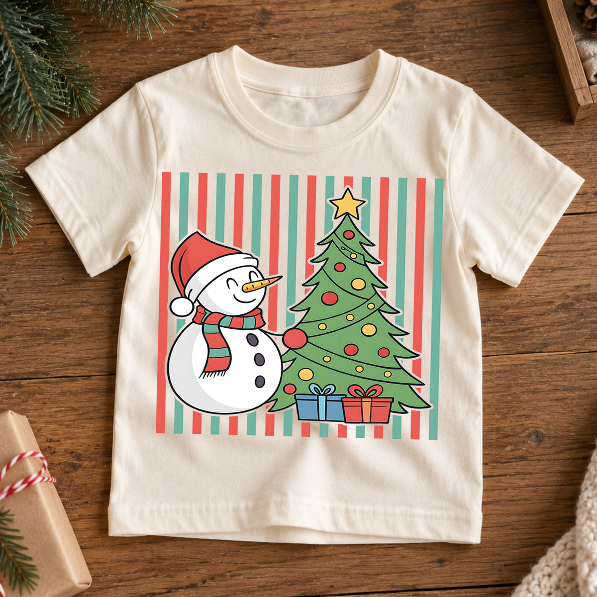 Cute Snowman and Christmas Tree Shirt, Striped Holiday Kids Tee, Festive Winter Holiday Graphic Top, Cozy Christmas Gift for Children — product view 7
