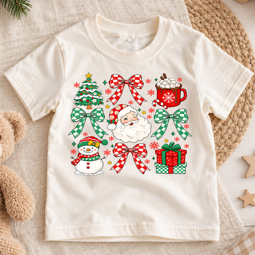 Cute Christmas Elements Grid Shirt, Retro Santa and Snowman Holiday Kids Tee, Festive Winter Holiday Outfit, Christmas Gift for Kids — product view 1