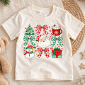 Cute Christmas Elements Grid Shirt, Retro Santa and Snowman Holiday Kids Tee, Festive Winter Holiday Outfit, Christmas Gift for Kids — product view 1