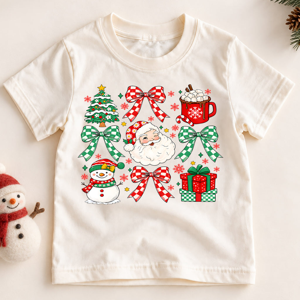 Cute Christmas Elements Grid Shirt, Retro Santa and Snowman Holiday Kids Tee, Festive Winter Holiday Outfit, Christmas Gift for Kids — product view 2