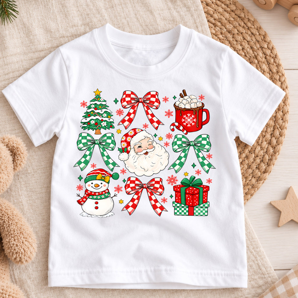 Cute Christmas Elements Grid Shirt, Retro Santa and Snowman Holiday Kids Tee, Festive Winter Holiday Outfit, Christmas Gift for Kids — product view 3