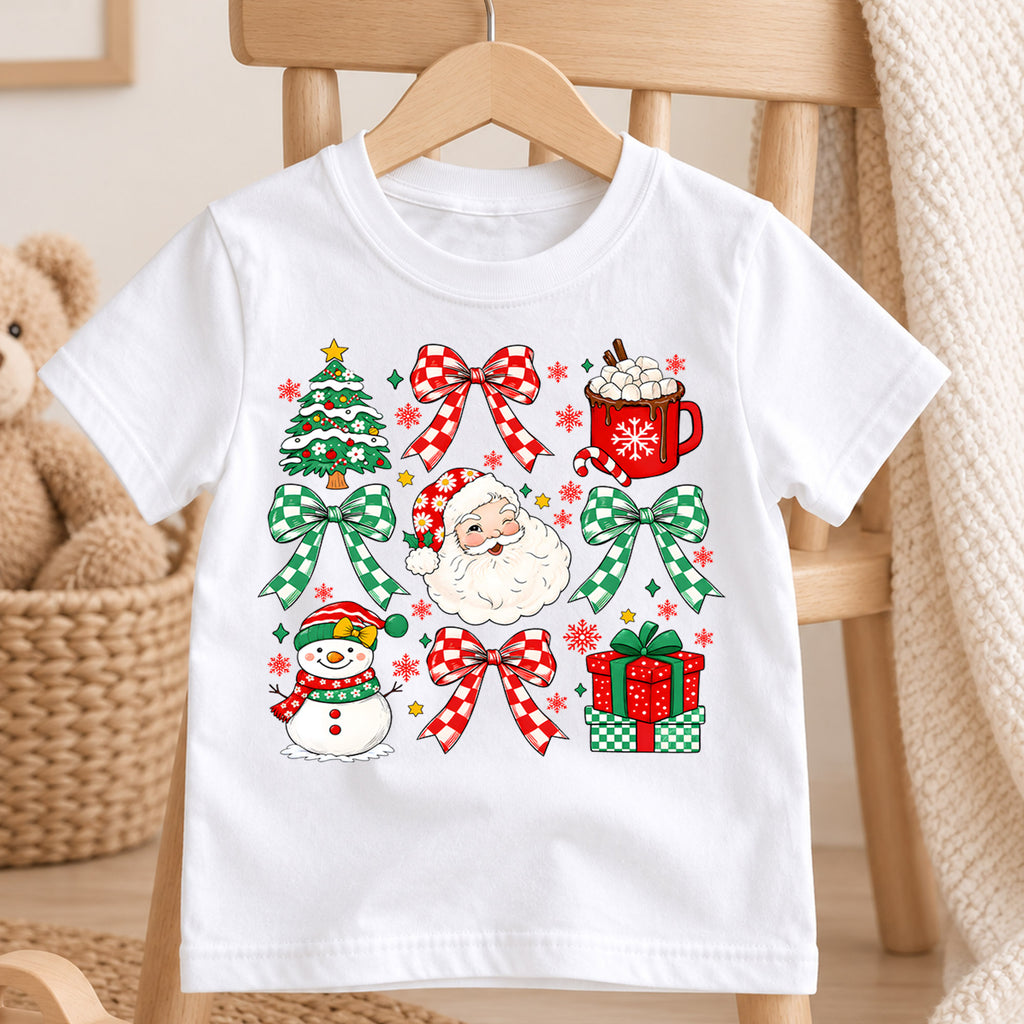 Cute Christmas Elements Grid Shirt, Retro Santa and Snowman Holiday Kids Tee, Festive Winter Holiday Outfit, Christmas Gift for Kids — product view 4