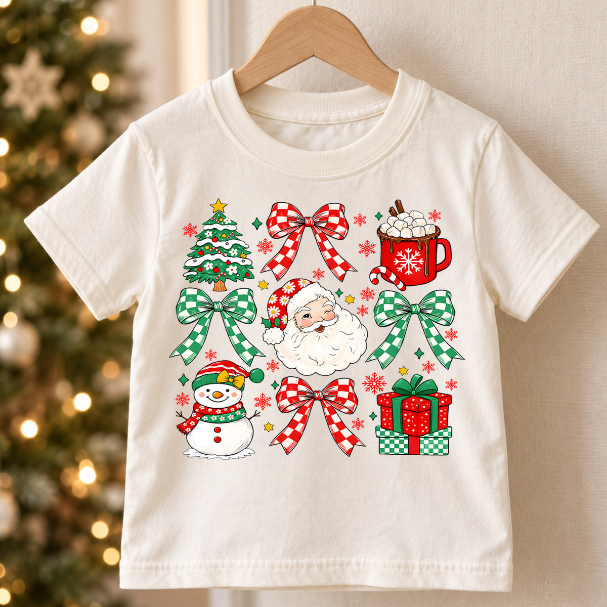 Cute Christmas Elements Grid Shirt, Retro Santa and Snowman Holiday Kids Tee, Festive Winter Holiday Outfit, Christmas Gift for Kids — product view 5