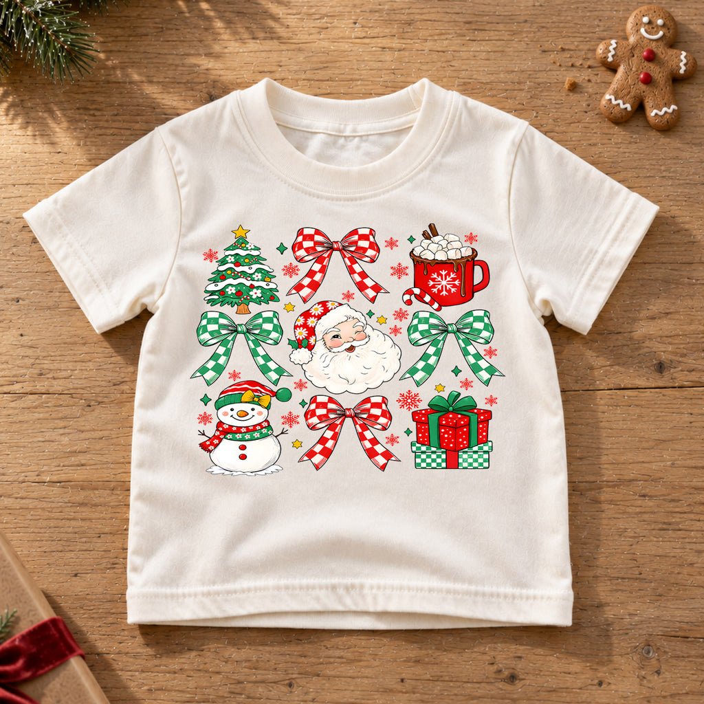 Cute Christmas Elements Grid Shirt, Retro Santa and Snowman Holiday Kids Tee, Festive Winter Holiday Outfit, Christmas Gift for Kids — product view 6