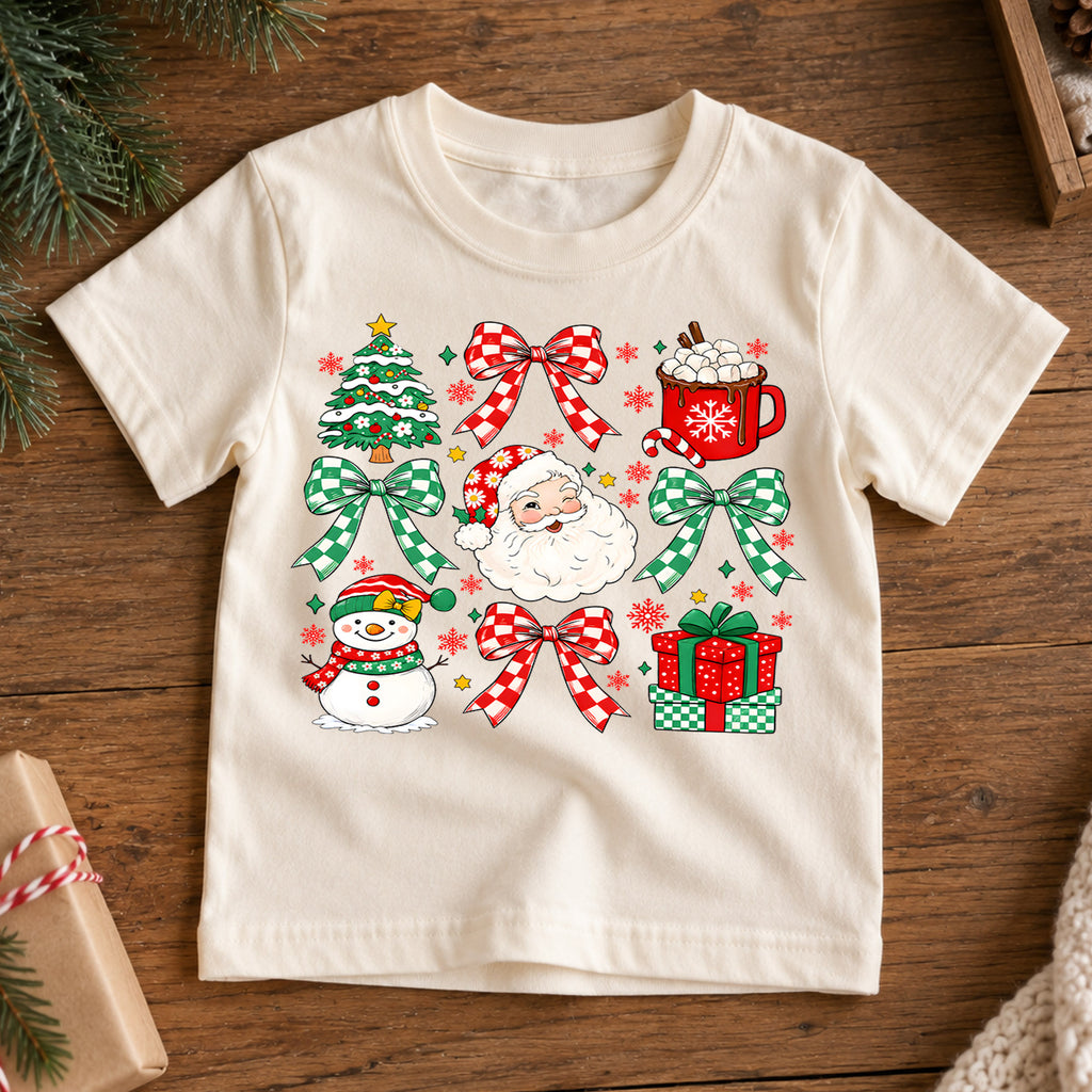 Cute Christmas Elements Grid Shirt, Retro Santa and Snowman Holiday Kids Tee, Festive Winter Holiday Outfit, Christmas Gift for Kids — product view 7