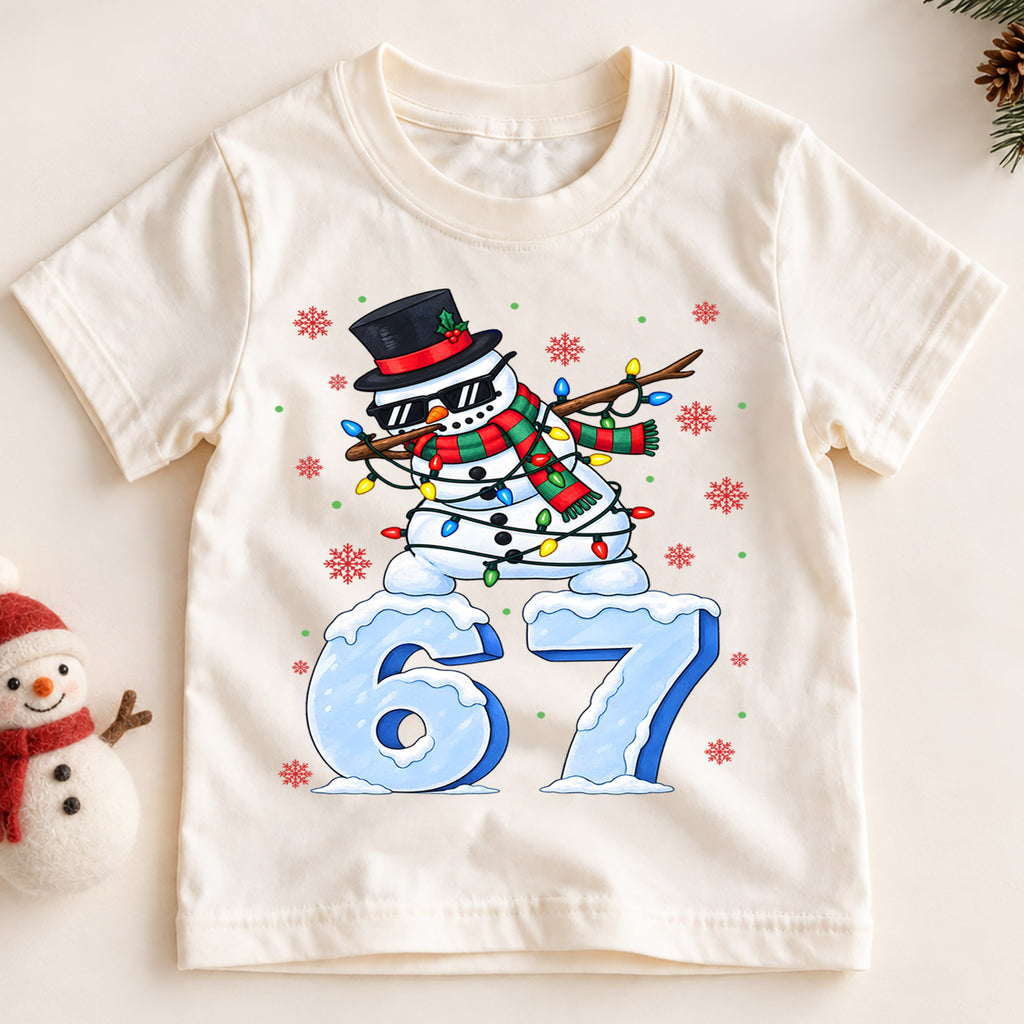 Funny Dabbing Snowman 6 7 Christmas Shirt, Cool Holiday Kids Tee, Festive Winter Holiday Graphic Top, Funny Christmas Gift for Kids — product view 2