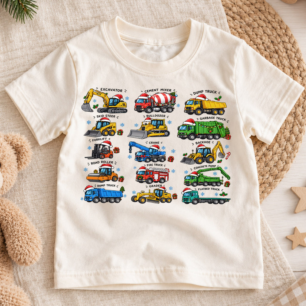 Construction Trucks Christmas Shirt, Excavator Dump Truck Kids Tee, Vehicles Santa Hats Toddler Shirt, Big Rig Heavy Equipment Top, Xmas Gift — product view 1