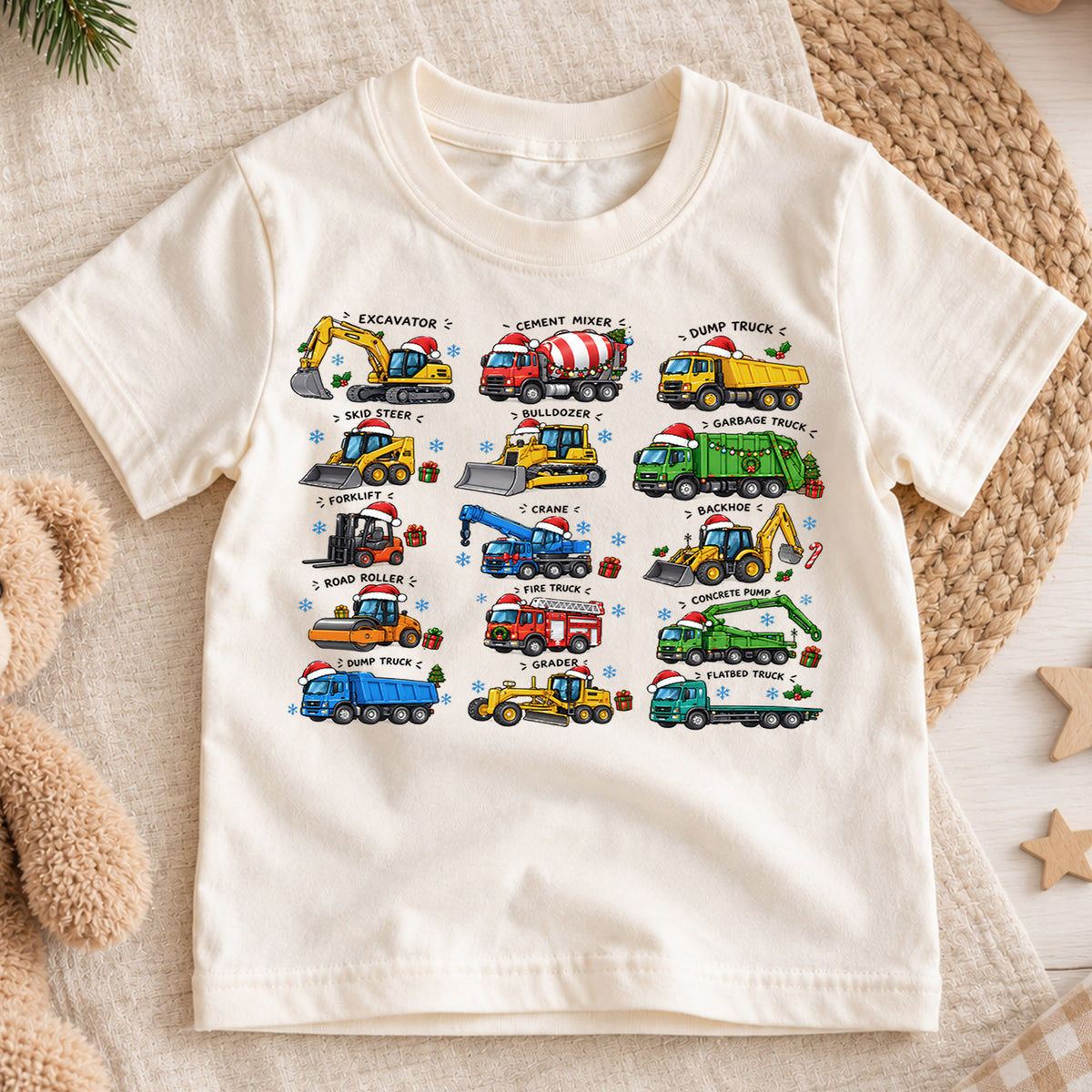 Construction Trucks Christmas Shirt, Excavator Dump Truck Kids Tee, Vehicles Santa Hats Toddler Shirt, Big Rig Heavy Equipment Top, Xmas Gift — product view 1