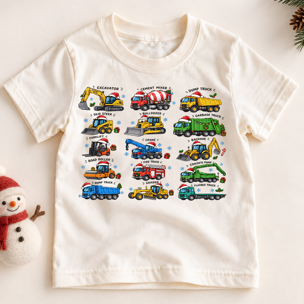 Construction Trucks Christmas Shirt, Excavator Dump Truck Kids Tee, Vehicles Santa Hats Toddler Shirt, Big Rig Heavy Equipment Top, Xmas Gift — product view 2