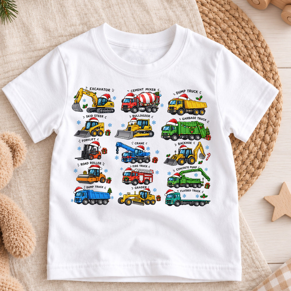 Construction Trucks Christmas Shirt, Excavator Dump Truck Kids Tee, Vehicles Santa Hats Toddler Shirt, Big Rig Heavy Equipment Top, Xmas Gift — product view 3