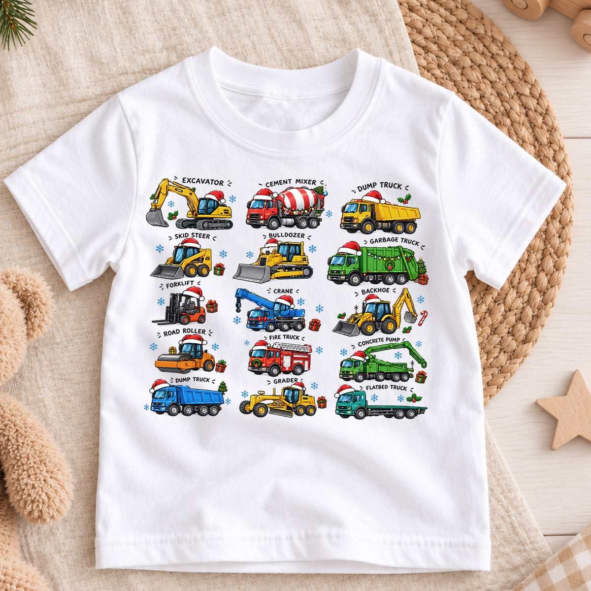 Construction Trucks Christmas Shirt, Excavator Dump Truck Kids Tee, Vehicles Santa Hats Toddler Shirt, Big Rig Heavy Equipment Top, Xmas Gift — product view 3