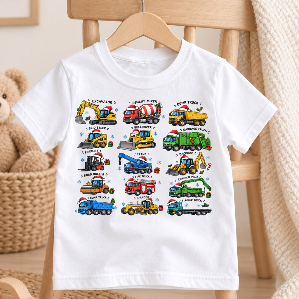 Construction Trucks Christmas Shirt, Excavator Dump Truck Kids Tee, Vehicles Santa Hats Toddler Shirt, Big Rig Heavy Equipment Top, Xmas Gift — product view 4