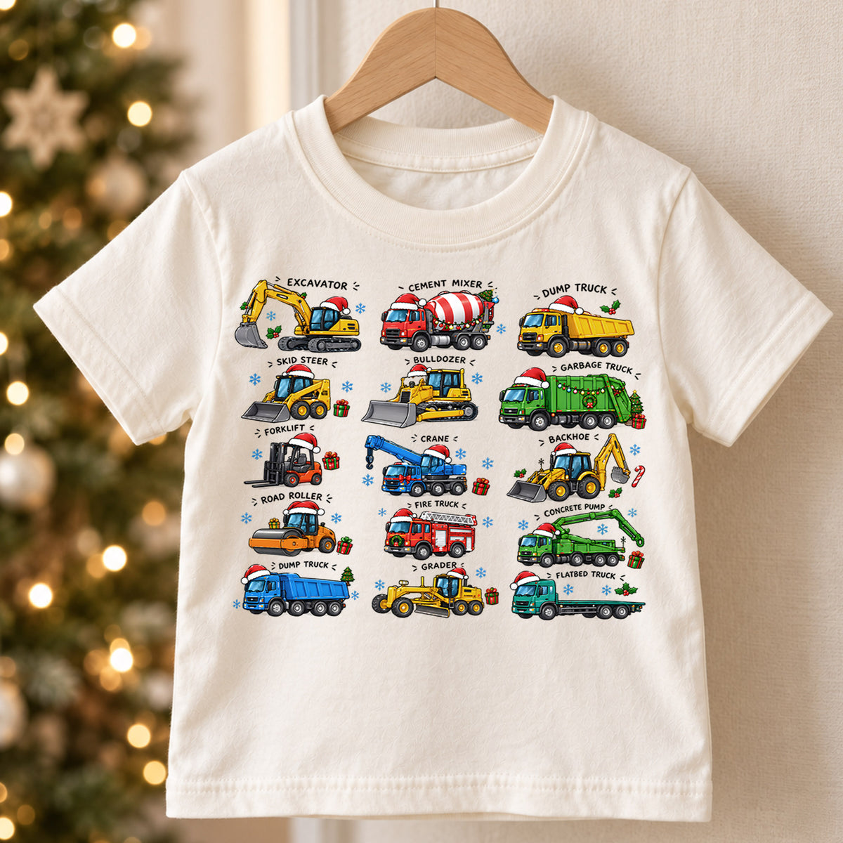 Construction Trucks Christmas Shirt, Excavator Dump Truck Kids Tee, Vehicles Santa Hats Toddler Shirt, Big Rig Heavy Equipment Top, Xmas Gift — product view 5