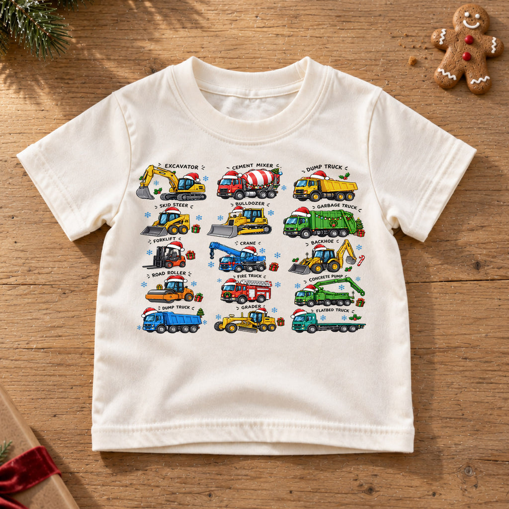 Construction Trucks Christmas Shirt, Excavator Dump Truck Kids Tee, Vehicles Santa Hats Toddler Shirt, Big Rig Heavy Equipment Top, Xmas Gift — product view 6