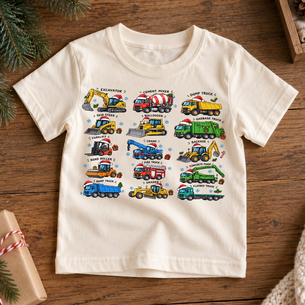Construction Trucks Christmas Shirt, Excavator Dump Truck Kids Tee, Vehicles Santa Hats Toddler Shirt, Big Rig Heavy Equipment Top, Xmas Gift — product view 7